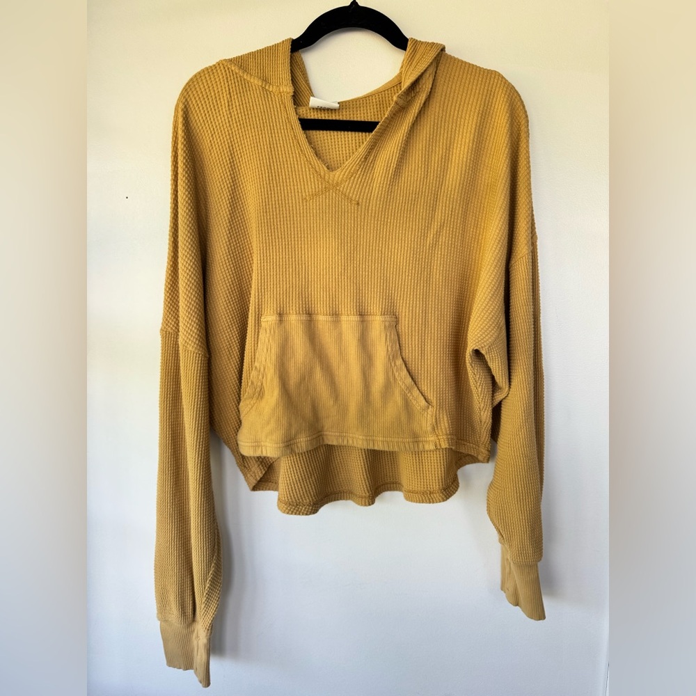 Offline by‎ Aerie Yellow Oversized Long Sleeve Cropped Hooded Small Waffle Knit
